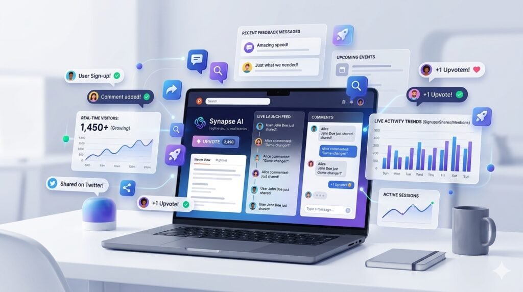 Product Hunt launch day showing AI SaaS product engagement
