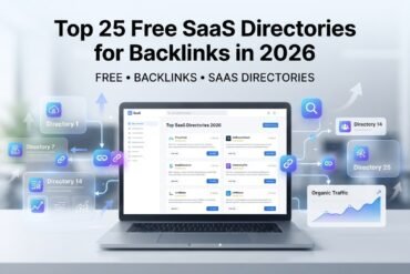 Top 25 free SaaS directories for backlinks in 2026 showing SaaS directory listings, SEO backlinks, and website growth analytics.