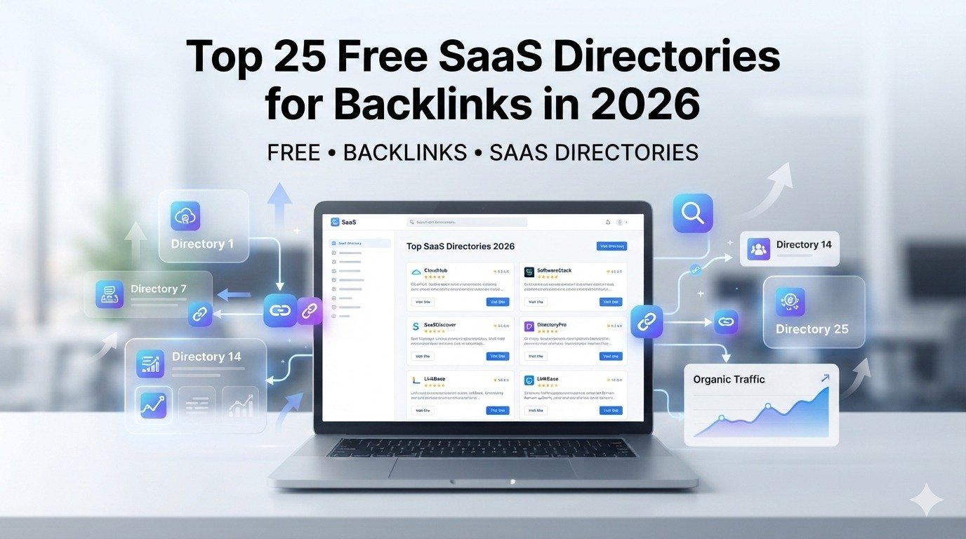 Top 25 free SaaS directories for backlinks in 2026 showing SaaS directory listings, SEO backlinks, and website growth analytics.
