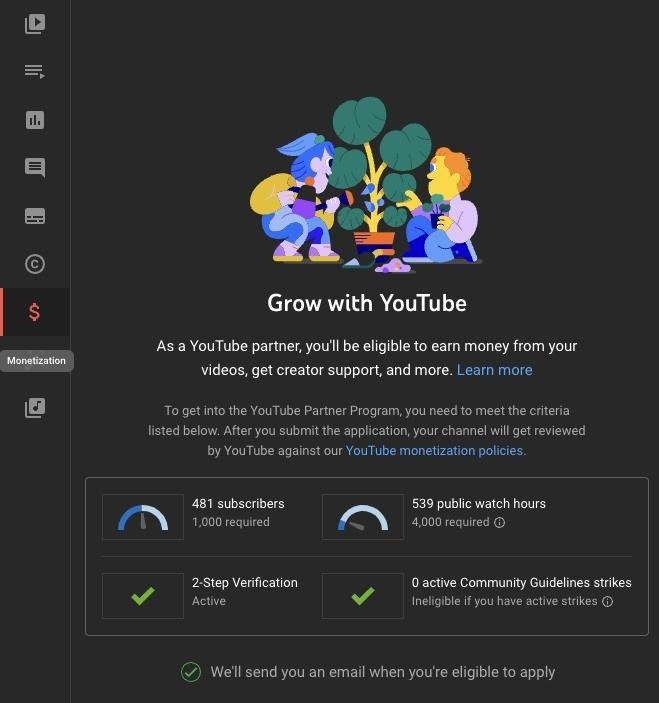 YouTube Partner Program AdSense dashboard showing creator earnings and monetization
