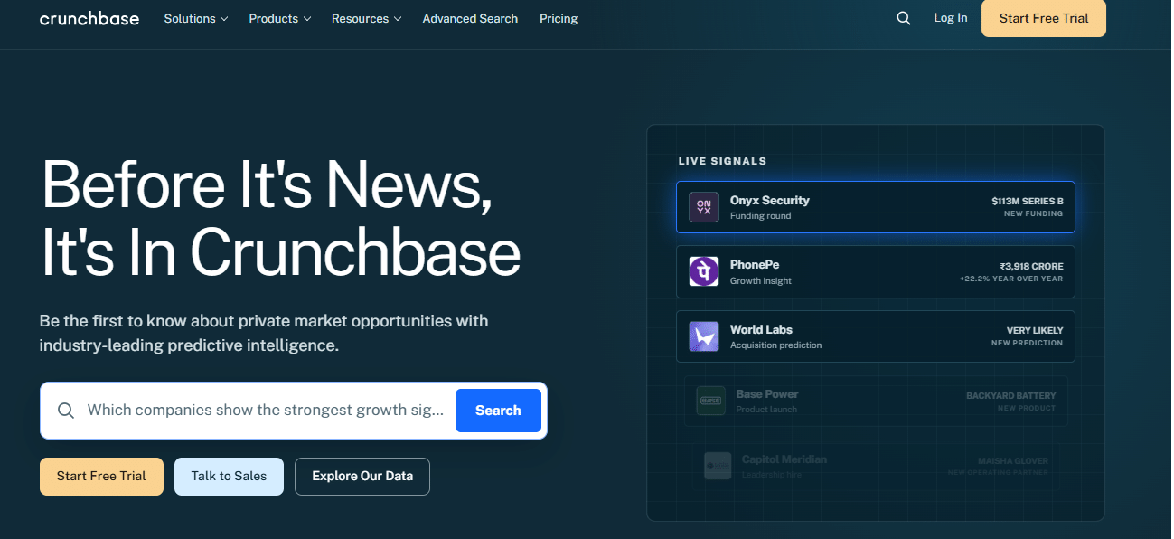 Crunchbase for AI and SaaS startups showing company visibility and business growth